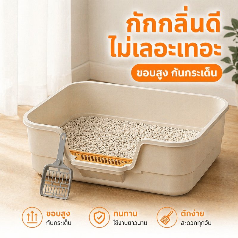 กระบะทรายแมว ห้องน้ำแมว ขอบสูงกันกระเด็น ตะแกรงดักทราย พื้นที่กว้าง พร้อมที่ตัก