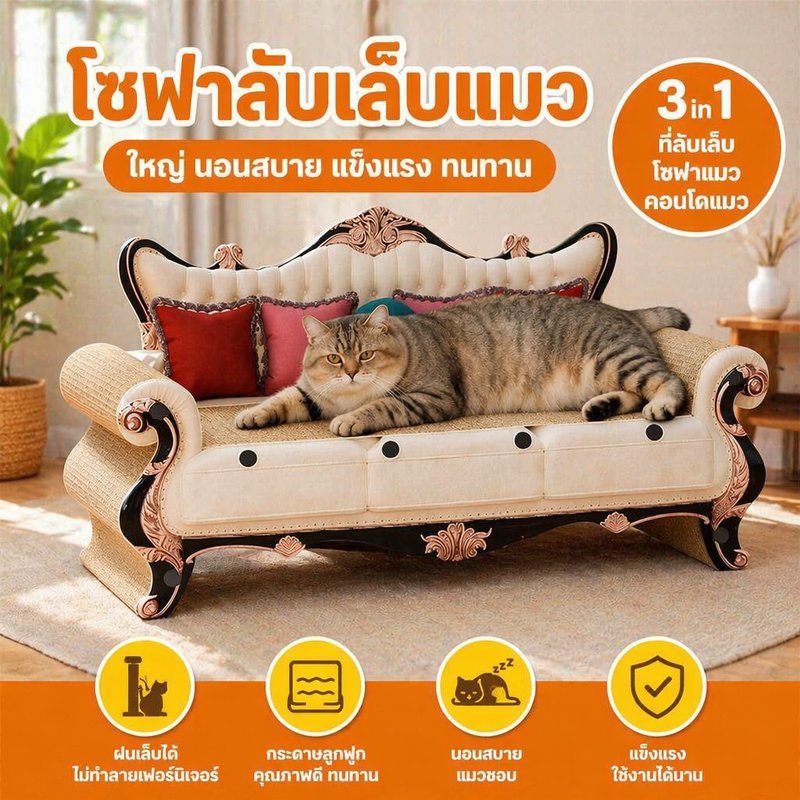 เตียงแมว โซฟาแมว วินเทจ 2ใน1 ที่ลับเล็บแมว คอนโดแมว กระดาษลูกฟูก ทนขีดข่วน