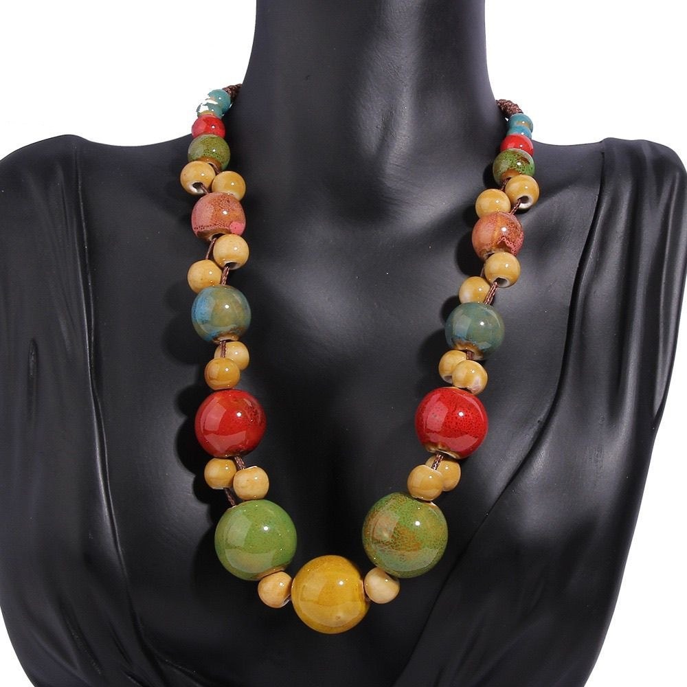 W911 Creative Retro สไตล์ชาติพันธุ์ทอมือ Clavicle Chain วรรณกรรม All-match สร้อยคอเซรามิคอุปกรณ์เสริ