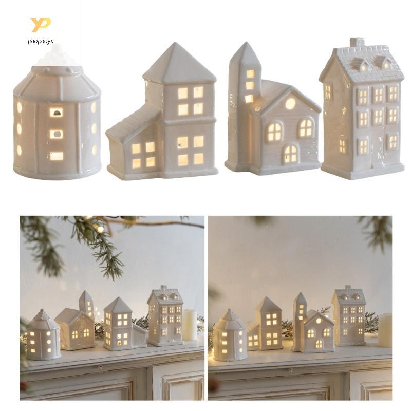 PPY Handcrafts เซรามิค Village House ตุ๊กตาพร้อมไฟ LED เครื่องประดับคริสต์มาส