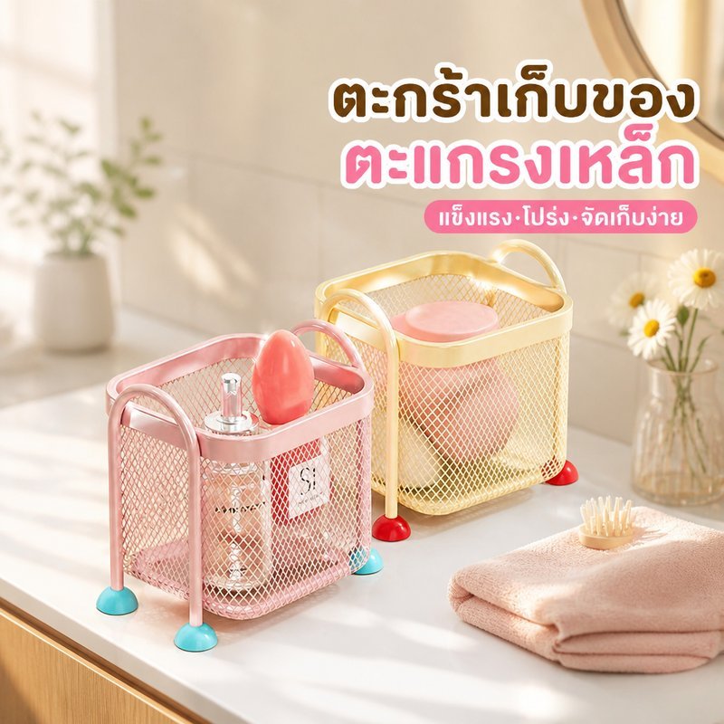 ตะกร้าเก็บของตาข่ายเหล็ก ชั้นวางของบนโต๊ะ กล่องจัดระเบียบเครื่องสำอาง แปรง ห้องน้ำ โต๊ะทำงาน