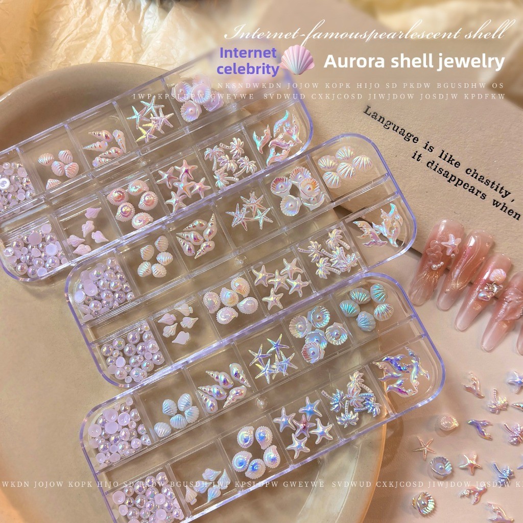 Namphong 12 กริด Aurora Shell เล็บ Charms ฤดูร้อน Ocean Mermaid สไตล์ Iridescent Fishtail ปลาดาว Conch Pearl 3D ตกแต่งเล็บ DIY อุปกรณ์แต่งเล็บ
