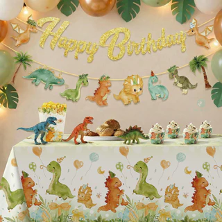 GeeParty ผ้าคลุมโต๊ะพลาสติกกันน้ำ 220 ซม. ลาย Dancing Dino ธีมไดโนเสาร์ ของตกแต่งวันเกิดเด็ก อุปกรณ์ปาร์ตี้วันเกิด