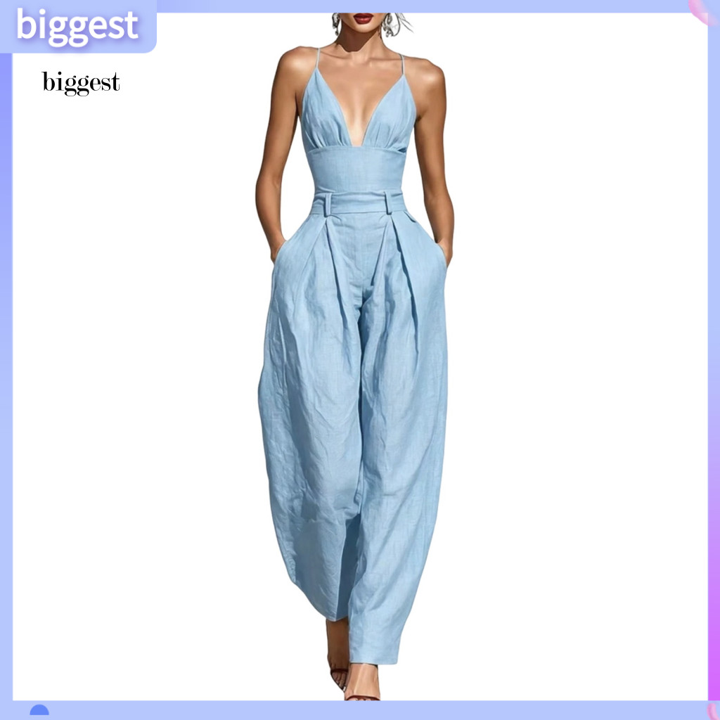 BGT สีทึบ Jumpsuit หลวม Fit Jumpsuit ผู้หญิงs ฤดูร้อน Jumpsuit สปาเก็ตตี้ V คอชิ้นเดียวพร้อมกระเป๋าน