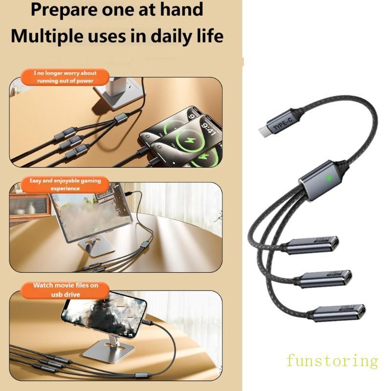FUN Travel USB C ถึง 3 พอร์ต USB C สายสําหรับ Home Office Travel ชาร์จ 100W