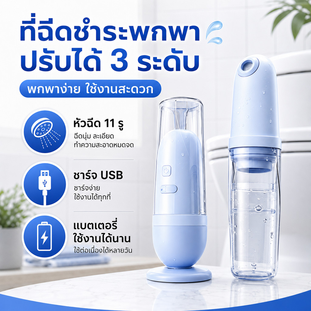 ที่ฉีดก้นพกพา ที่ฉีดชำระแบบพกพา ปรับได้3 แบตเตอรี่อึดชาร์จ ล้างก้นเด็ก สําหรับทําความสะอาดหลังคลอดบ สําหรับเดินทาง บ้าน