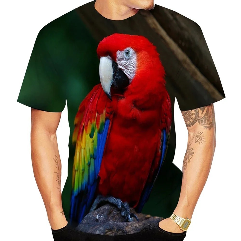 Men's Short-Sleeved T-Shirt,  Parrot Print, Bay Style, Size O, Turtleneck, S-5Xl.