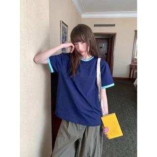 B&R พร้อมส่ง เสื้อยืดแขนสั้นคอกลม เสื้อทรงหลวมตัดสีขอบ เนื้อผ้านุ่มไม่ยับ ผู้หญิงฤดูร้อน สไตล์เกาหลี
