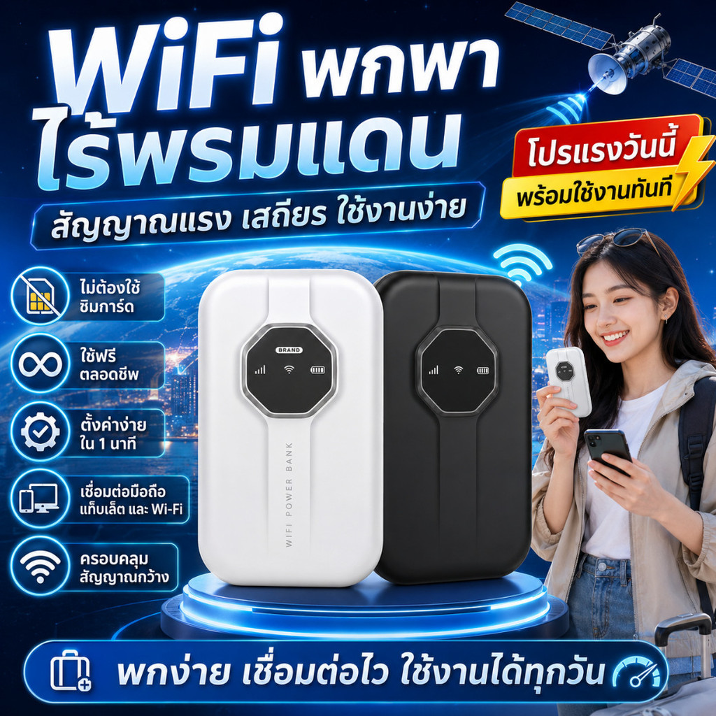 ไวไฟพกพาไร้ขีดจำกัด / ครอบคลุมทั่วโลก / ไม่เสียค่าบริการตลอดชีพ / ความเร็วสูง / เชื่อมต่อหลายเครื่องพร้อมกัน