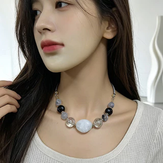 Elegant สีสันลูกปัด Bib สร้อยคอชาติพันธุ์ Boho ลูกปัดอะคริลิคเรขาคณิตสไตล์สร้อยคอสั้นหนัง Choker Chunky Choker สร้อยคอ