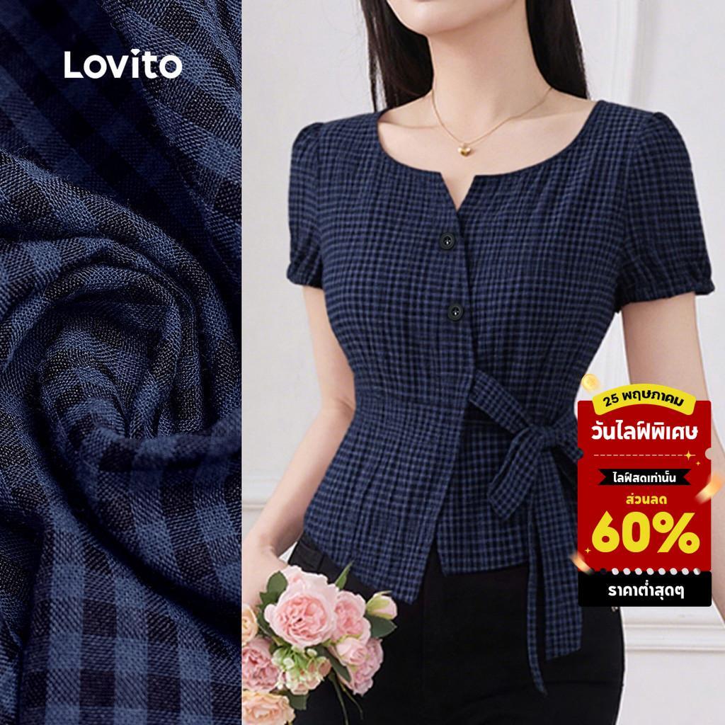 Lovito สง่างาม เสื้อชีฟองหรูหราผูกด้านหน้าสำหรับฤดูใบไม้ผลิ/ฤดูร้อน สีน้ำเงินกรมท่าสำหรับผู้หญิง L149LD552