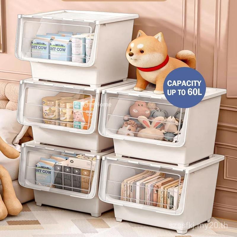 30L/48L/60L อเนกประสงค์ด้านหน้าเปิดกล่องเก็บ Stackable ของเล่นขนมขบเคี้ยวในครัวเรือนตู้เก็บกล่องเก็บ