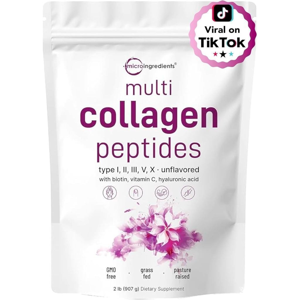Micro Ingrated Multi Collagen Peptides Powder, 2lb – Hydrolyzed Type I,II,III,V,with Biotin 10000mcg