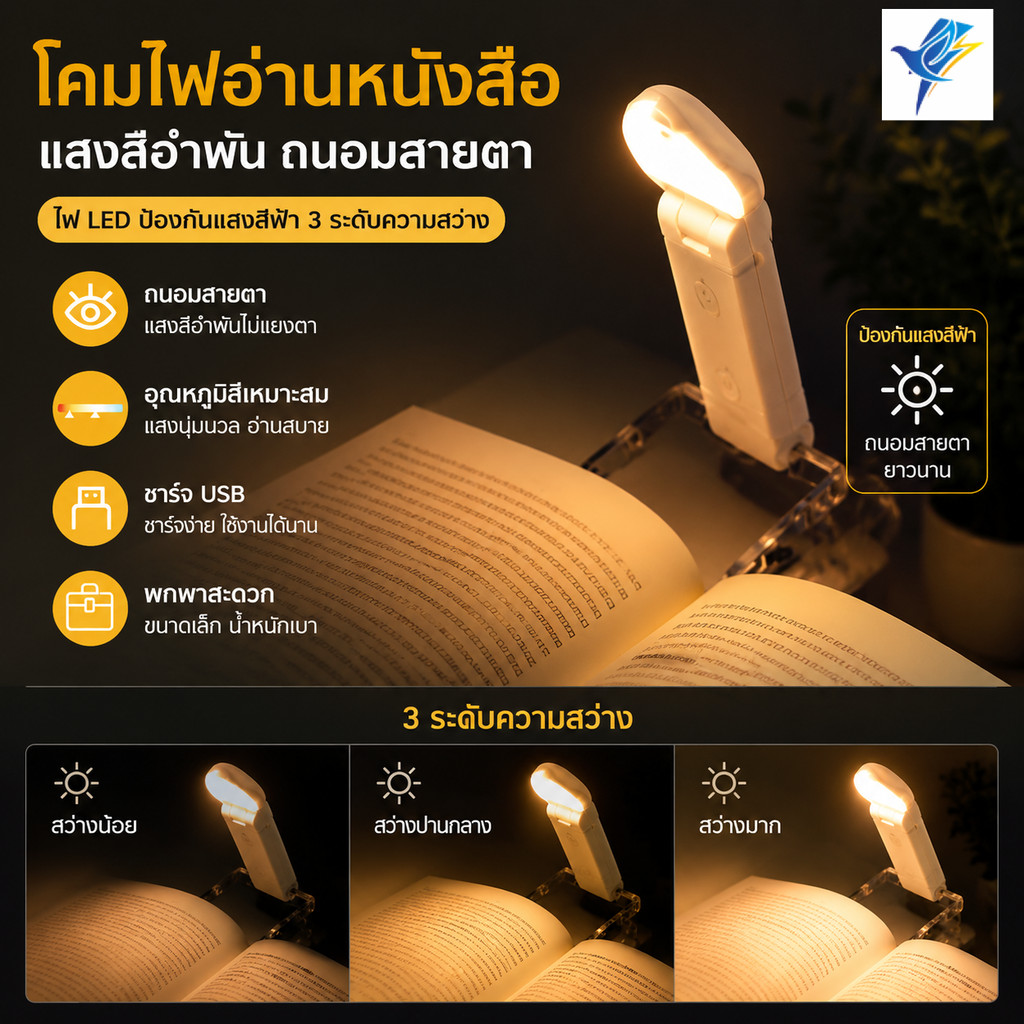 ไฟหนีบหนังสือ LED แบบพกพา ชาร์จไฟผ่าน USB ประหยัดพลังงาน ถนอมสายตา มีให้เลือกสีดำและสีขาว เหมาะสำหรับส่องสว่างการ์ดต่างๆ
