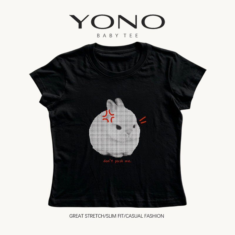 (พร้อมส่ง24ชม.) YONO baby tee สีดำ ลายกระต่ายกลมพร้อมข้อความ don’t push me ทรงเข้ารูป กวนๆ y2k
