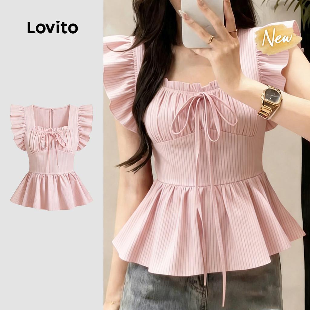(New Arrival) Lovito เสื้อเบลาส์สีชมพูอ่อนลายจีบสําหรับผู้หญิงสําหรับฤดูใบไม้ผลิและฤดูร้อน เกาหลี อินเทรนด์ LK6AD148