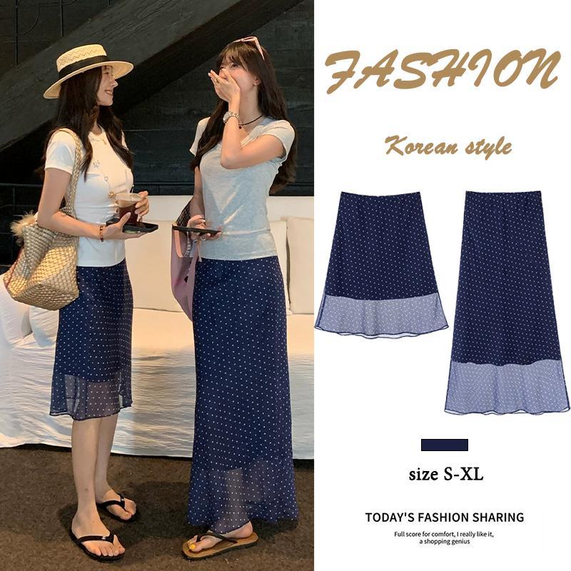 99526-7 กระโปรงครึ่งตัวลายจุดสีน้ำเงิน สำหรับผู้หญิง ผ้าบางเบา เอวสูง ปรับรูปร่างให้ผอมเพรียว เหมาะใส่ในฤดูร้อนมากค่ะ