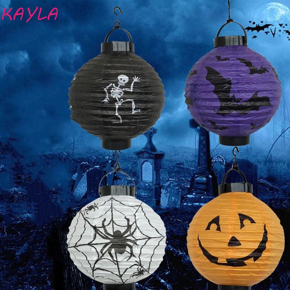KAYLA โคมไฟกระดาษพับ, DIY ฟักทองกะโหลกศีรษะแขวนโคมไฟฟักทอง, Kawaii พร้อมที่จับทําด้วยมือพร้อมไฟ LED โคมไฟฮาโลวีนตกแต่งฮาโลวีน