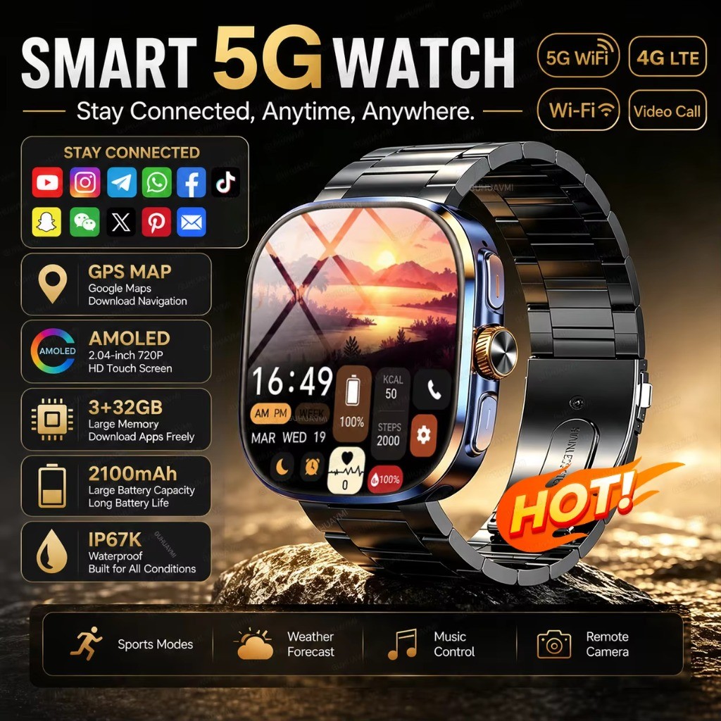 ใหม่ 5G Call สมาร์ทวอท์ช 4G wifi 32GB หน่วยความจําแอปสังคม GPS แผนที่ผู้ชาย AMOLED HD 2100mAh แบตเตอ