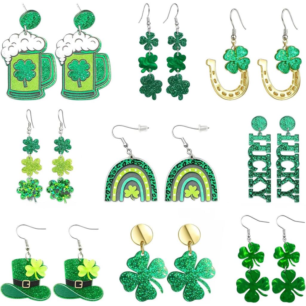 ต่างหูวัน St Patricks, ต่างหูสีเขียว 9 คู่พร้อมการออกแบบหมวก Shamrock และ Irish สําหรับผู้หญิง, ชุดต