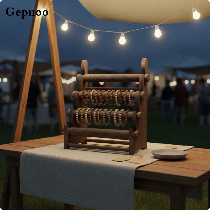 [Gepnoo] ชั้นวางเครื่องประดับไม้ยืนแสดงสร้อยข้อมือหลายชั้นถ่าน