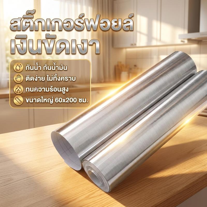 [สติ๊กเกอร์สแตนเล] สีเงินขัดเงา 60x200ซม. มีกาวในตัว กันน้ำมัน ติดตู้เย็นเคาน์เตอร์ครัว