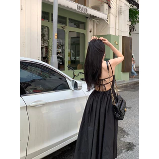 ส่งไวจากไทย สีพื้น สไตล์หรูหรา เดรสออกงานสายเดี่ยว เปิดหลัง ชุดเดรสผู้หญิง ผูกเชือกด้านหน้า ด้านหลัง