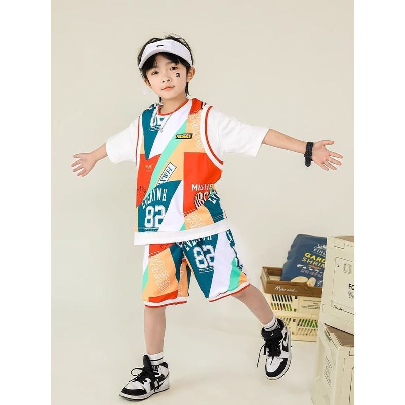 男童短袖夏装套装儿童夏季速干运动篮球服202' 5新款中大童童装潮流Children'S Summer Basketball Suit Set With Thin Vest And Shorts Fo