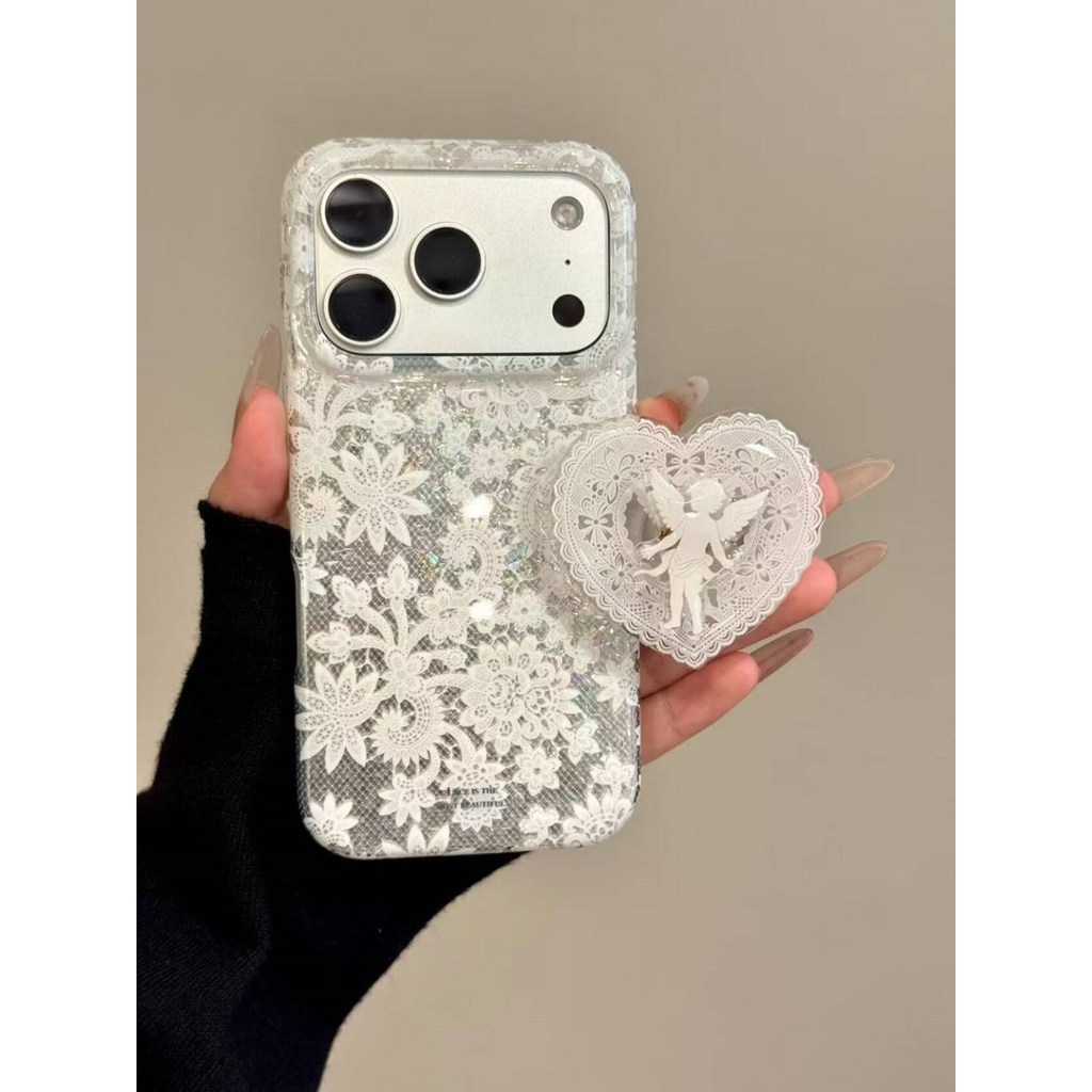 เคสโทรศัพท์เหมาะสําหรับiPhone X XS XR XSMAX 11 12 13 14 15 16 17 Pro max Plusลูกไม้ดอกไม้ + หมุนAnge