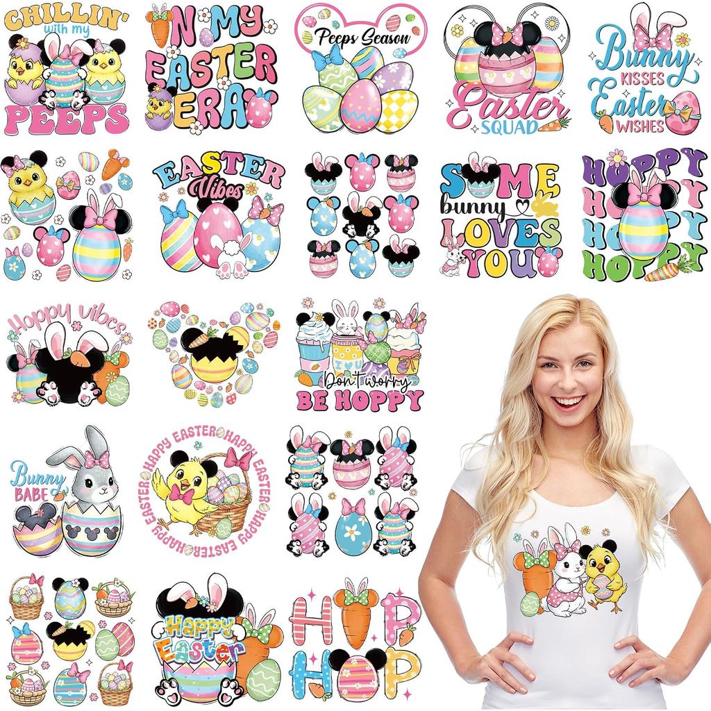 HemerVows Iron on Transfers สําหรับเสื้อยืด, 20 ชิ้นหูเมาส์น่ารัก DTF Transfers กด, Bunny Peeps เหล็