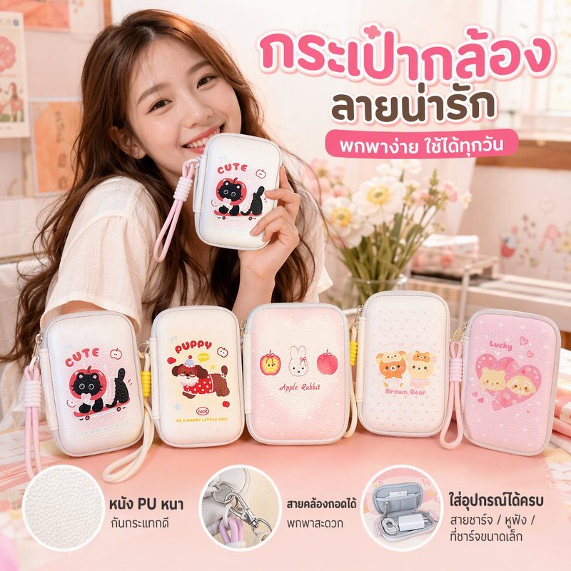 กระเป๋าเก็บกล้อง CCD ลายการ์ตูน กันน้ำ กันกระแทก ซิปแน่น พกพา หนัง PU หนา ทนทาน ใส่สายชาร์จ หูฟัง