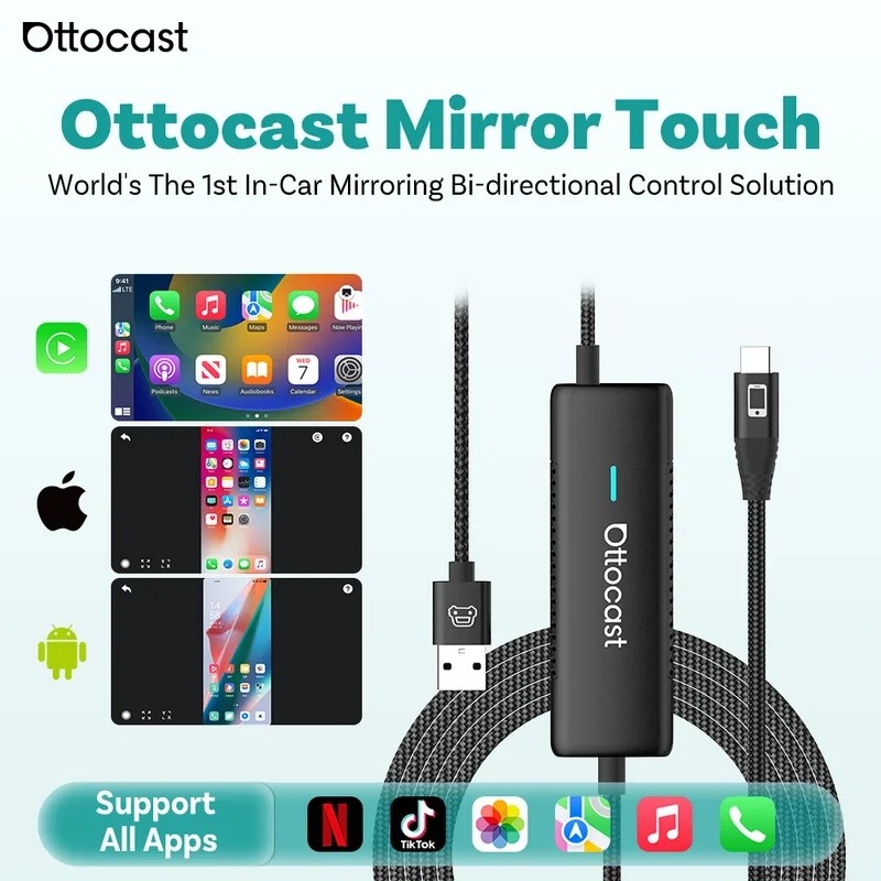 TTWN Ottocast Mirror Touch อะแดปเตอร์ CarPlay ไร้สายควบคุมแบบสองทิศทางอุปกรณ์เสริมในรถยนต์กล่องวิดีโ