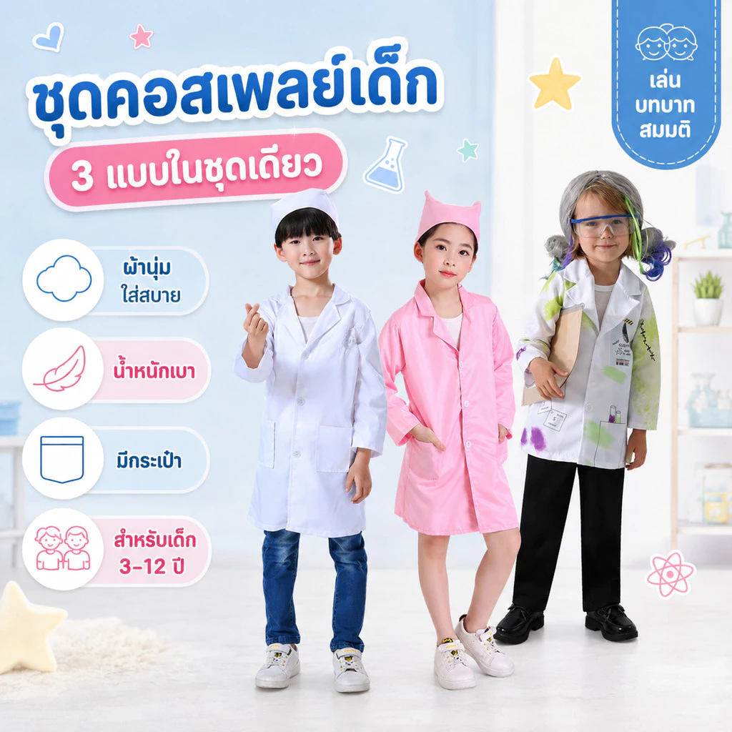 ชุดวิทยาศาสตร์เด็ก ชุดนักวิทย์ ชุดอาชีพเด็ก เสื้อนักวิทยาศาสตร์เด็ก ชุดกาวน์เด็ก เด็กชายและเด็กหญิง
