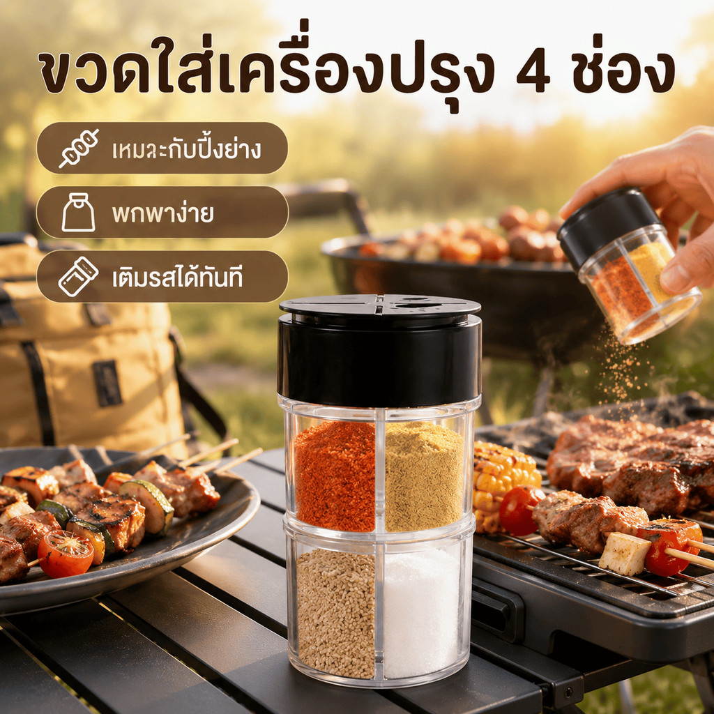 SoftLiv กระปุกเครื่องปรุง 4 ช่อง แบ่งเก็บเครื่องเทศให้เป็นระเบียบ ใช้งานง่าย ฝาเปิดสะดวก เหมาะกับครัวและปิ้งย่าง ส่งเร็ว
