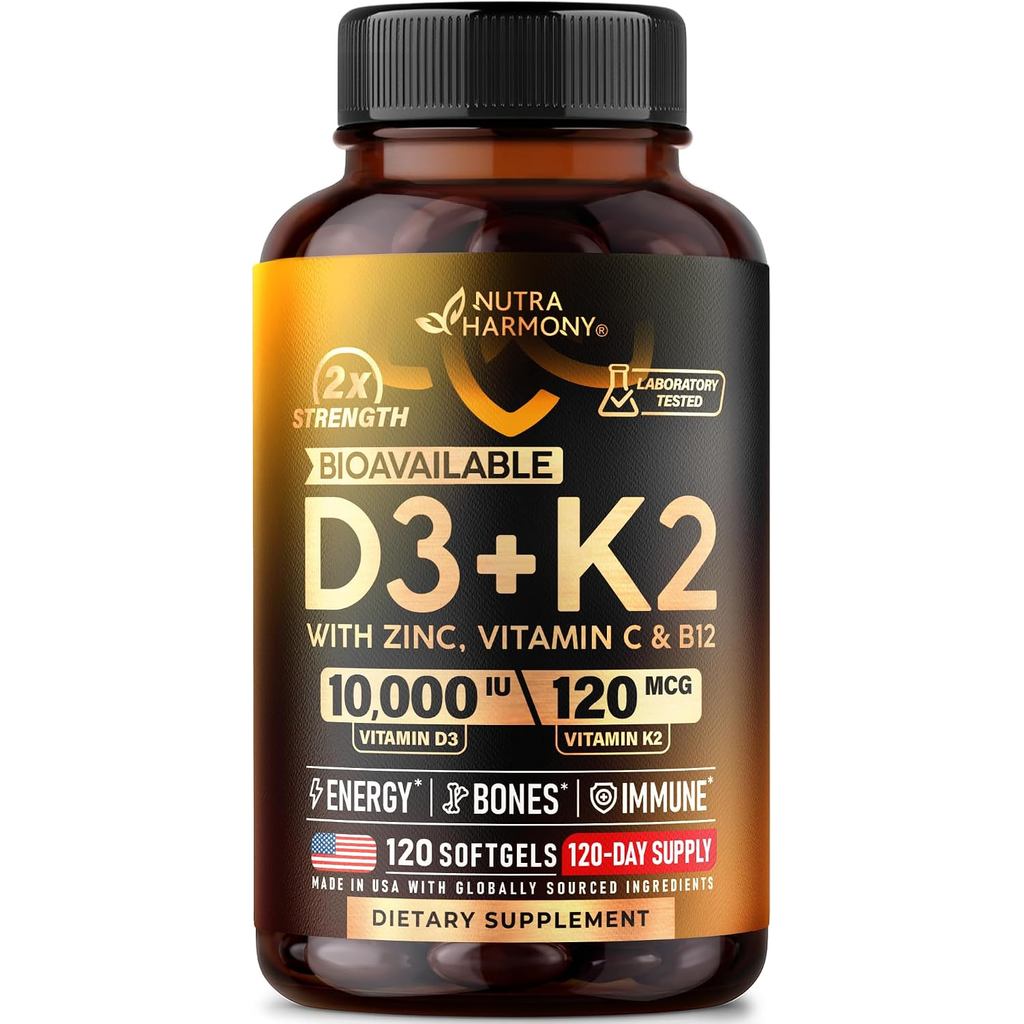 Vitamin D3 K2 - Vitamin D3 10000 iu & K2 120 mcg - Immune & Mood Support, for Bone & Teeth Health - 