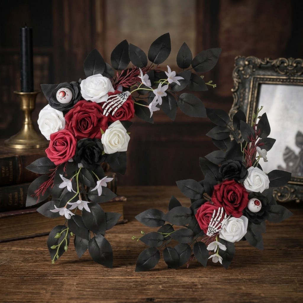 2 ชิ้นดอกไม้ประดิษฐ์ Swag โครงกระดูกมือ Creepy ประดิษฐ์ Rose Swag พร้อม Zip Ties ฮาโลวีนดอกไม้แขวน