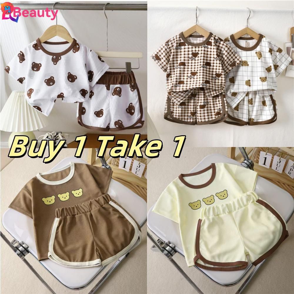 [ซื้อ1 Take1](0-5Yrs) Terno ชุดนอนเด็กแขนสั้นชุด 80-110 ซม.ทารกการ์ตูนหมีพิมพ์เสื้อยืด + กางเกงขาสั้