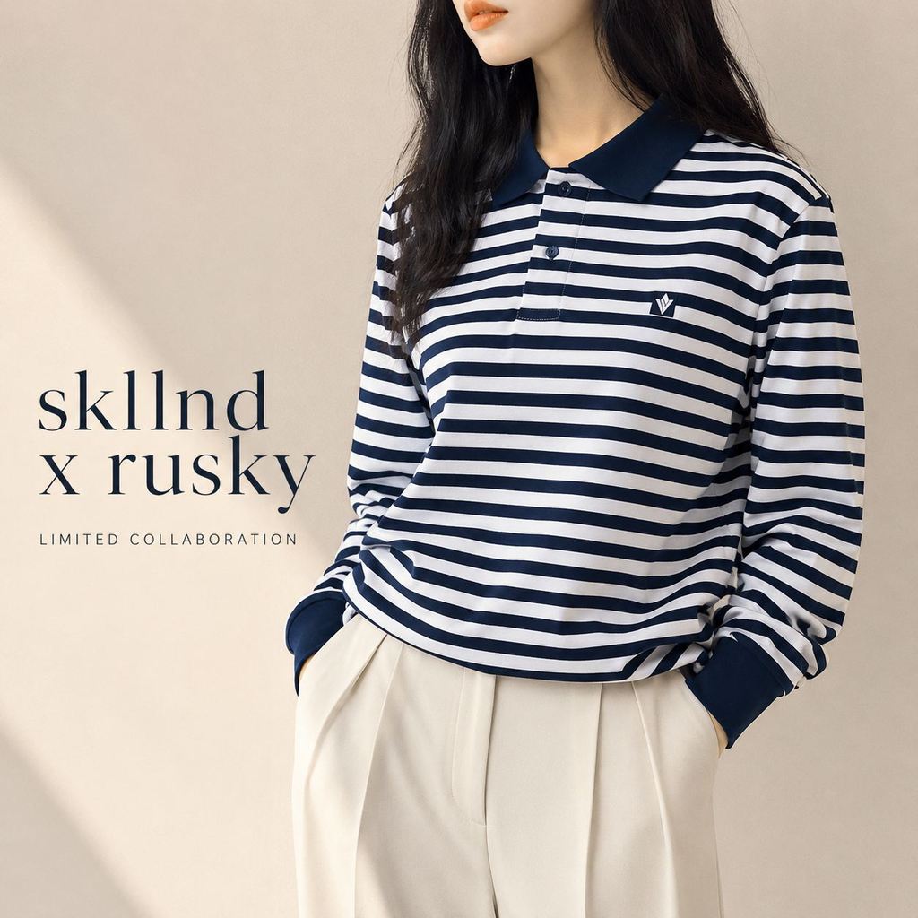 SKLLND - เสื้อยืดรักบี้ขนาดใหญ่คอปกลายทาง Cotton 24s X RUSKY Aesthetic NEBULA