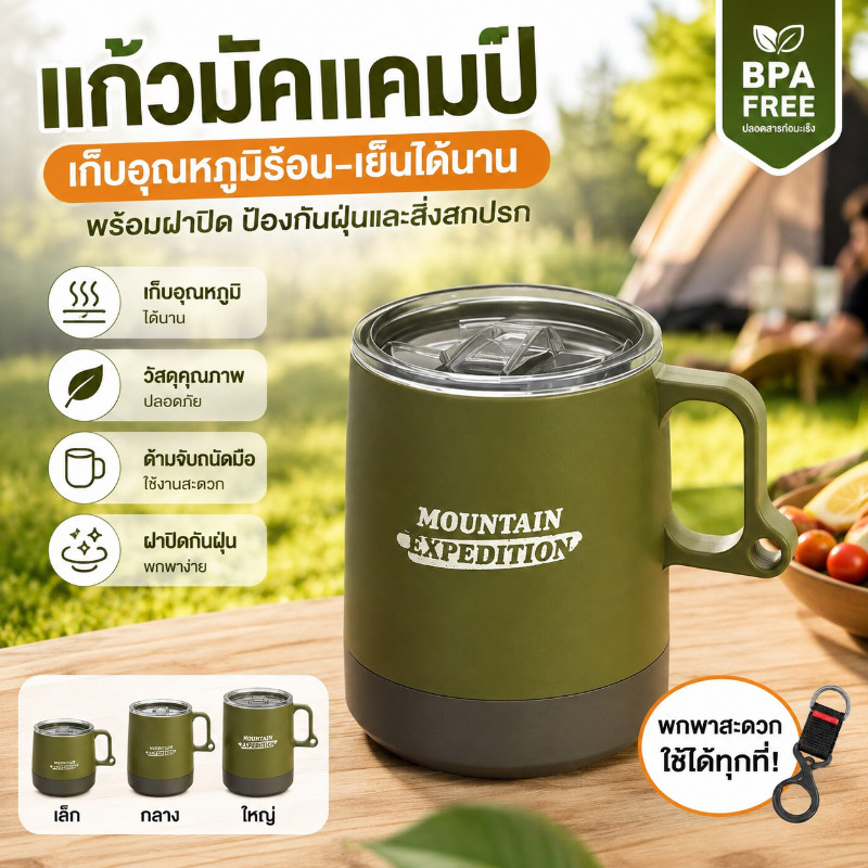 COD แก้วกาแฟพกพา 300ML พร้อมฝาปิด น้ำหนักเบา แขวนได้ แก้วแคมป์ปิ้ง สำหรับตั้งแคมป์ ปิกนิก เดินทาง