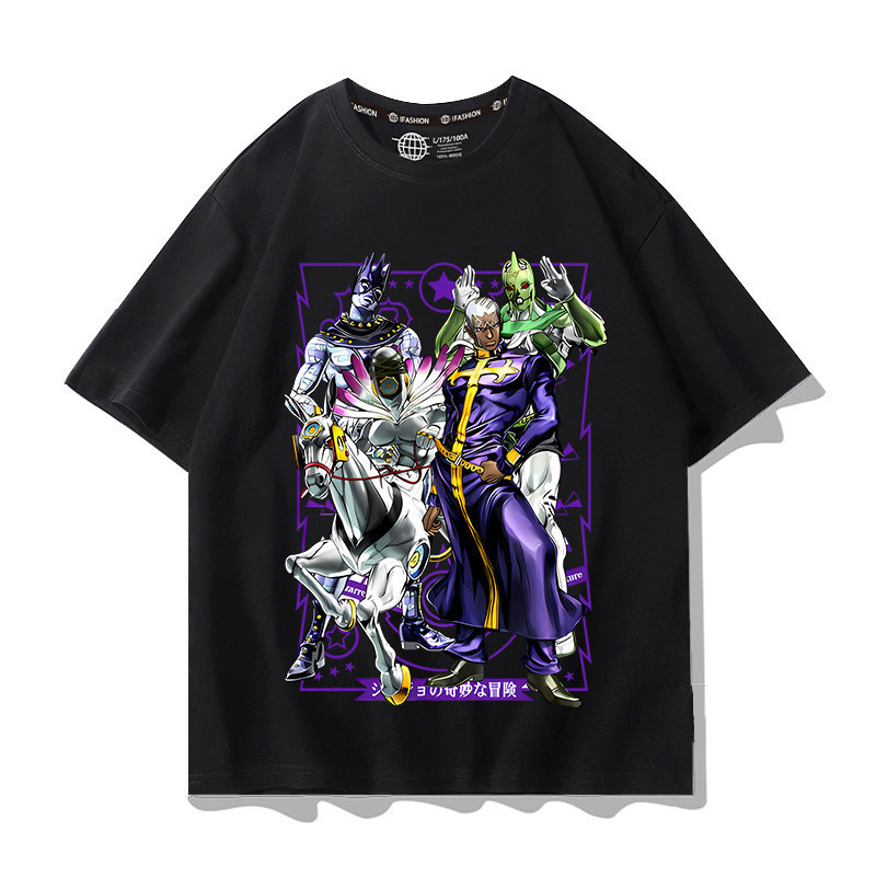เสื้อยืดสีดำ JoJo's Bizarre Adventure Enrico Pucci สไตล์การ์ตูนญี่ปุ่น เสื้อแขนสั้นลายตัวละครและสแตน
