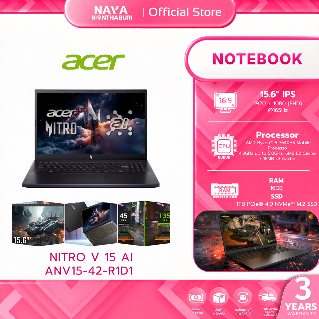 ACER notebook (โน้ตบุ๊ค)  NITRO V 15 AI ANV15-42-R1D1 (OBSIDIAN BLACK) รับประกัน 3 ปี