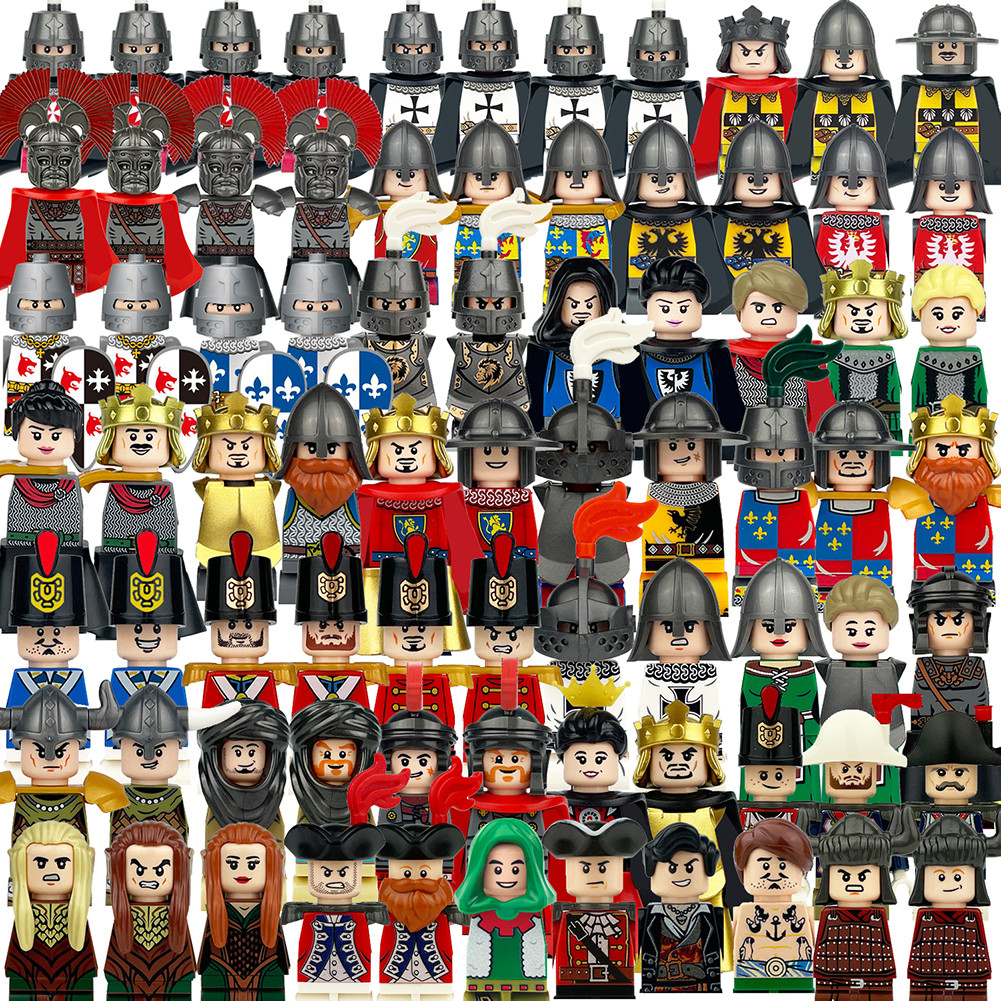 ยุคกลางบล็อกอาคารโบราณ Minifigure King Queen โบราณทหารโรมันอัศวินอนุภาคขนาดเล็กมินิตุ๊กตาของเล่นชาย