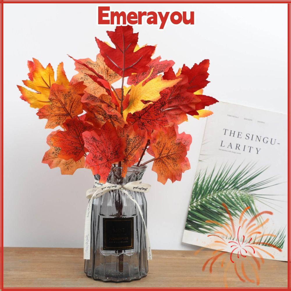 EMERATH 2PCS ประดิษฐ์ Maple Leaf, ผ้า Fallen สไตล์ฤดูใบไม้ร่วง Fallen Decor, ธรรมชาติพลาสติก Stem สี