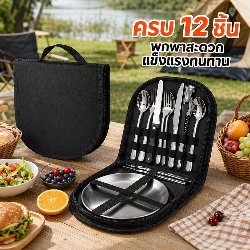 ชุดเครื่องครัวปิคนิค สแตนเลส 12 ชิ้น พร้อมกระเป๋า ช้อนส้อมมีด จาน คีบ อุปกรณ์แคมป์ปิ้ง
