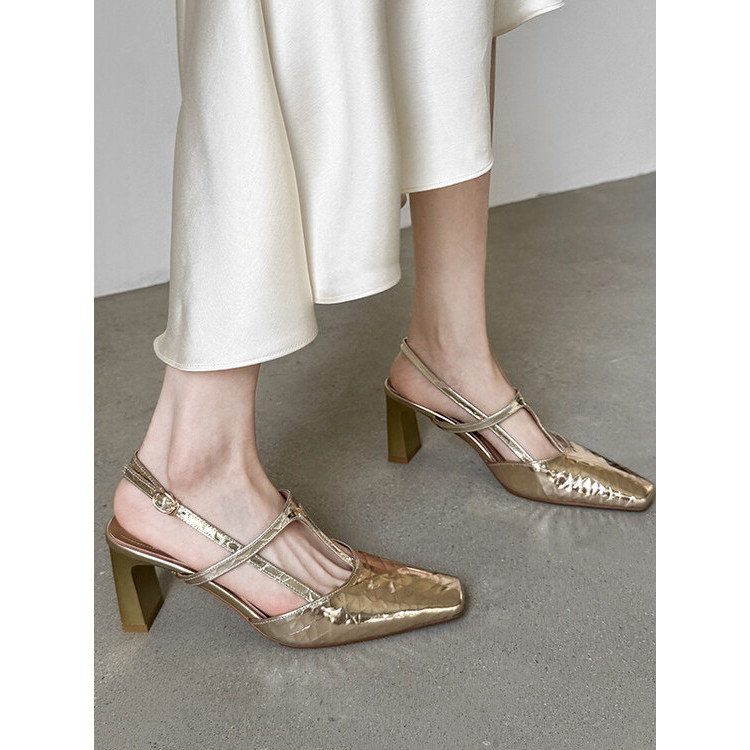 Elegant Date~French Light Luxury Toe-Covered รองเท้าแตะผู้หญิงสแควร์ Toe ส้นหนากลับรองเท้าที่ว่างเปล