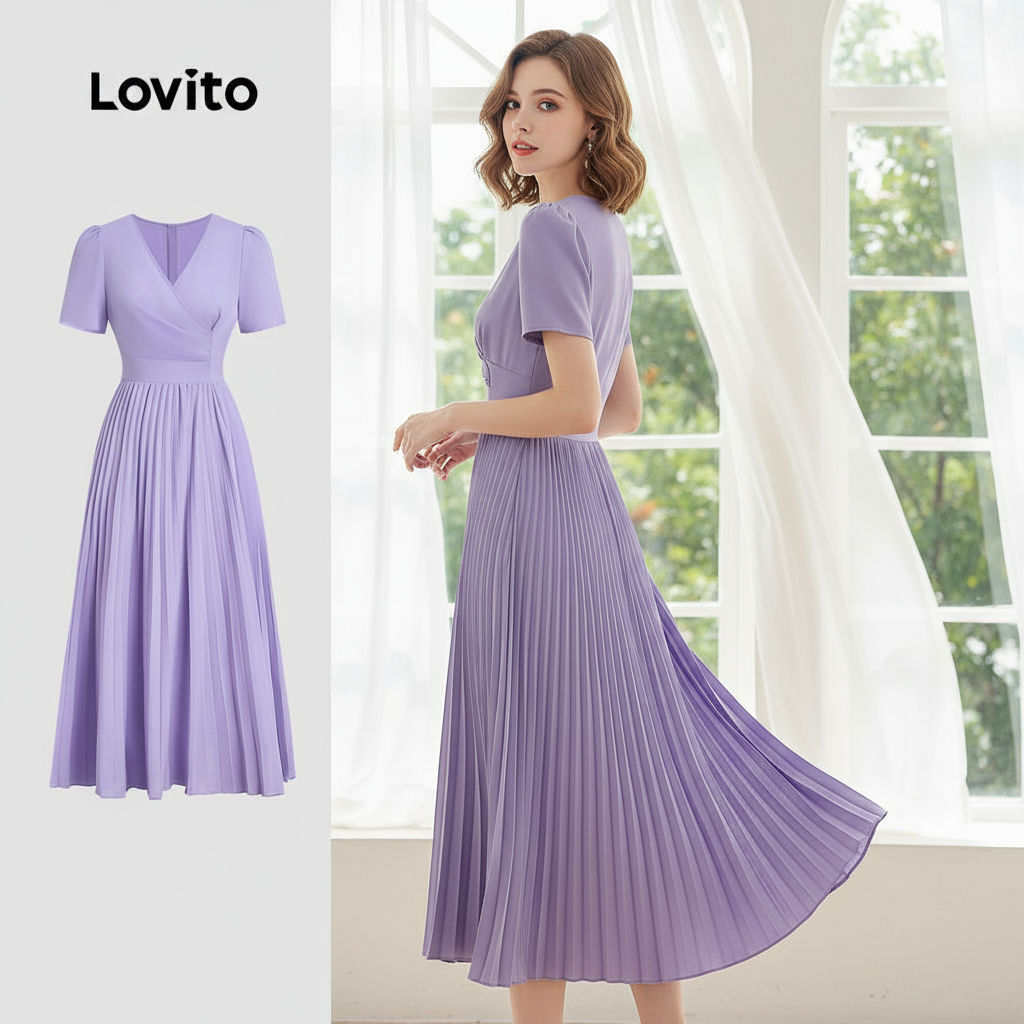 Lovito สง่างาม เดรสแขนพับ ซิปหน้า ใส่สบาย หรูหรา สีม่วง L137ED032