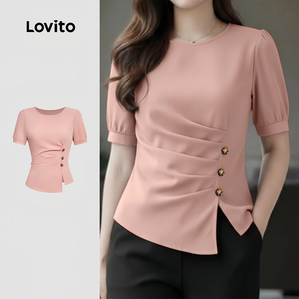 Lovito เสื้อเบลาส์ลําลอง แขนสั้นจีบ สีชมพู สไตล์สปริง/ซัมเมอร์ สําหรับผู้หญิง L183ED009
