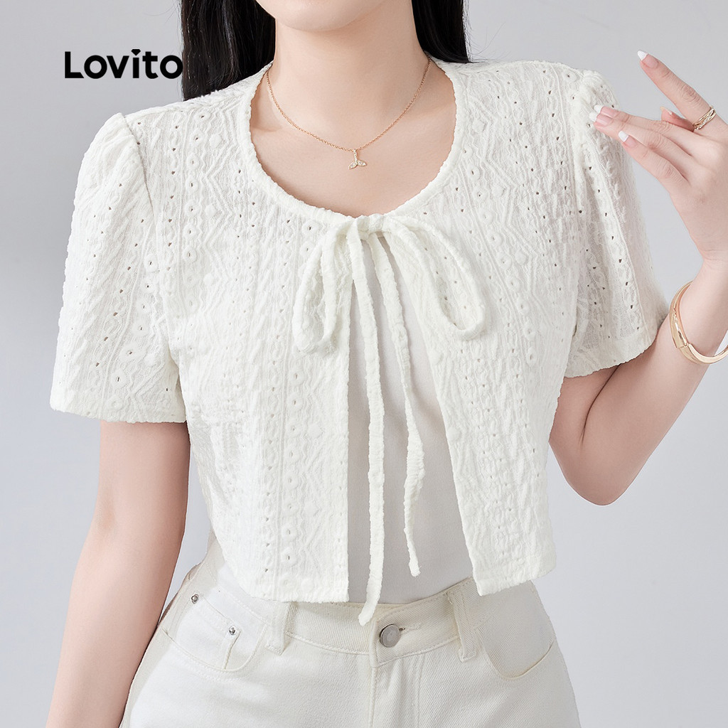Lovito เสื้อครอปแขนสั้นลำลองผูกโบว์ด้านหน้า สไตล์ลำลองสำหรับฤดูใบไม้ผลิ/ฤดูร้อน สีแอปริคอท สำหรับผู้หญิง LR29E007