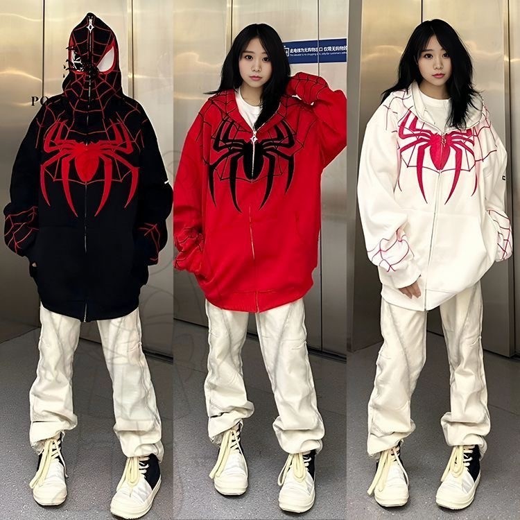 Spider Hoodie Spider-man Hoodie สําหรับผู้ชายผู้หญิงปักลายขนาดใหญ่ Hooded Sweatshirt Unisex Streetwe