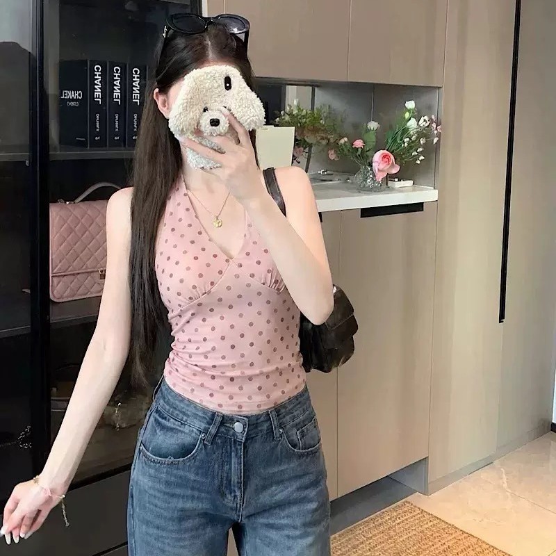 ฤดูร้อนVคอPka Dot HalterคอTie-Upเสื้อกั๊กผู้หญิงSlim-fit Slimmerดูชิ้นเดียวหน้าอกPad